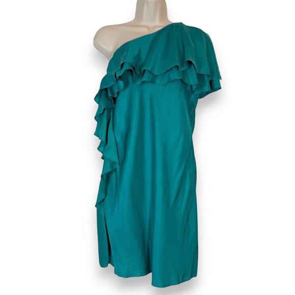 Halston Heritage One Shoulder Ruffle Dress Teal Blue Cocktail Party 8 - Picture 1 of 9
